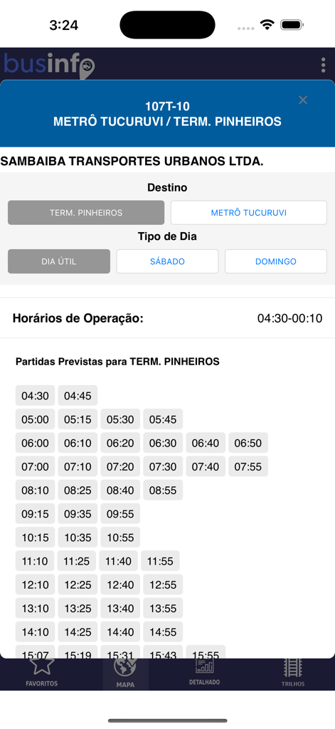 BusInfo - Écran de l'application BusInfo montrant les heures de départ des bus et les horaires quotidiens pour Sao Paulo