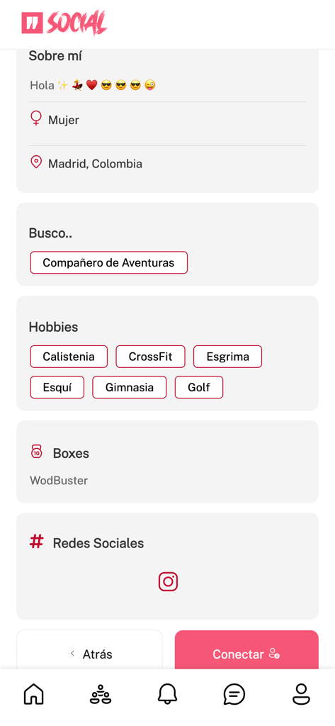 WodBuster Social - Tela do perfil do usuário no aplicativo WodBuster Social mostrando hobbies de fitness como CrossFit e Calistenia com um botão de conectar