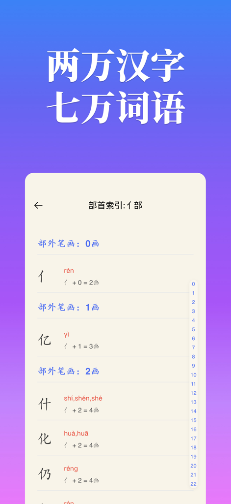 Screenshot dell'app dizionario Chinese Hanzi che mostra un elenco di caratteri organizzati per radicale e numero di tratti.