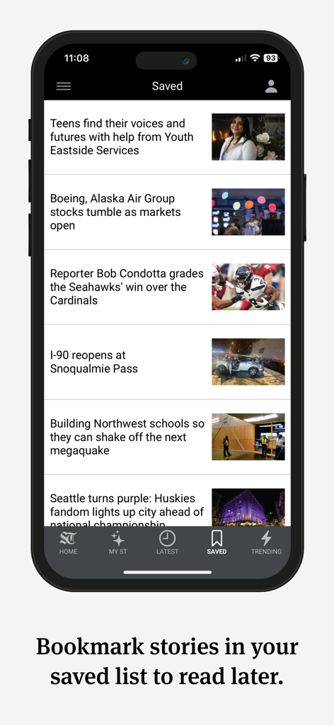 The saved articles list in the Seattle Times Mobile news app for reading later.