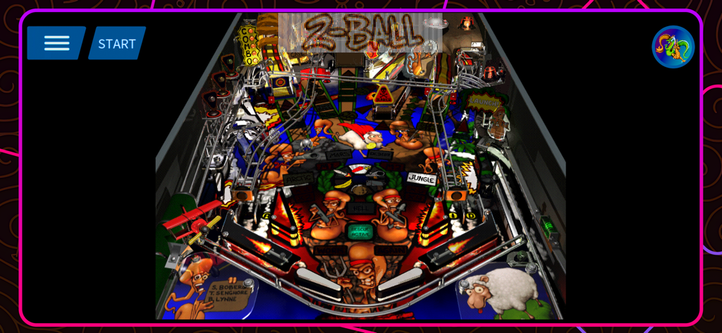Antstream: Play Retro Games - Gameplay screenshot of a classic digital pinball table with retro cartoon graphics inside the Antstream app.