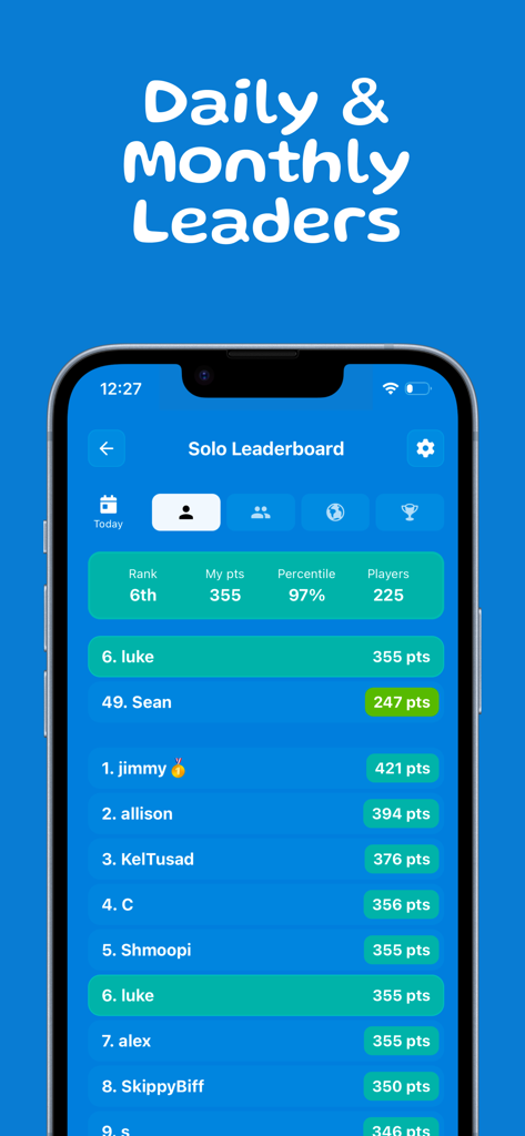 Bloobi - Bloobi app screen showing the solo leaderboard with daily and monthly rankings for word game players