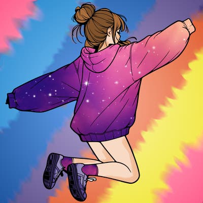 realistic girl jumping with a bun and oversized sweatshirt