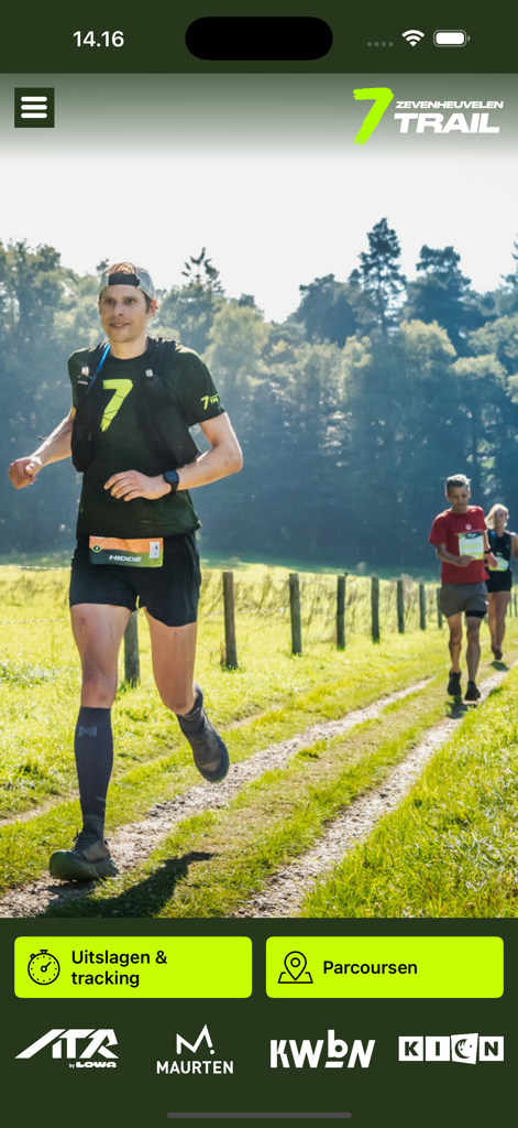 Stichting Zevenheuvelenloop - Home screen of the Zevenheuvelen Trail app featuring race tracking and course navigation
