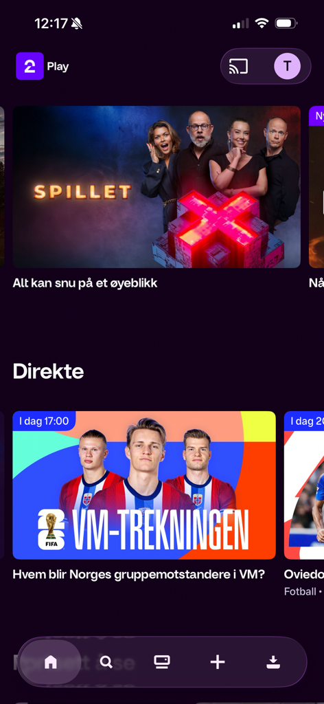 TV 2 Play - TV 2 Play mobile app home screen featuring Norwegian shows and live sports broadcasts.