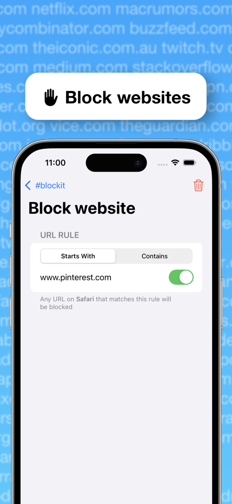 iPhone screen showing the blockit app interface to block a specific website URL