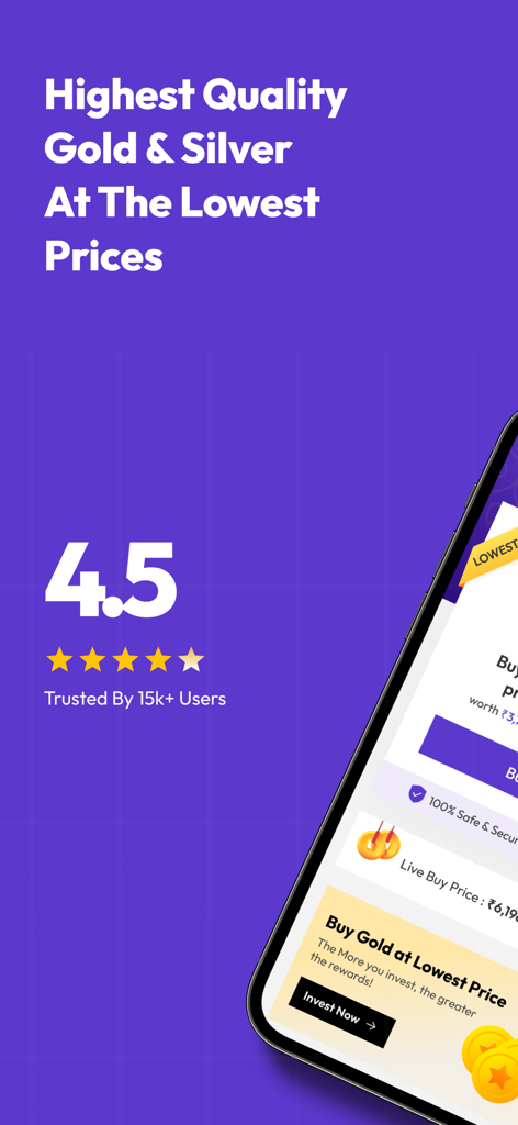 Aura - India's Gold Saving App - Capture d'écran de l'application d'épargne en or Aura mettant en évidence sa note de 4,5 étoiles et ses prix bas pour l'or et l'argent.