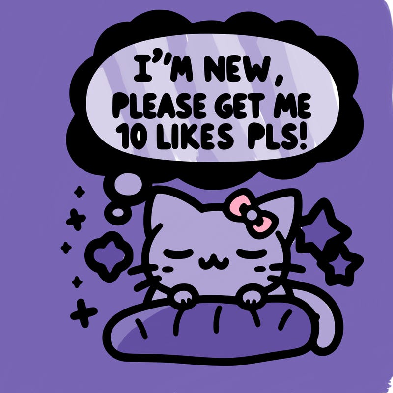 kitty taking a nap dream talking and saying "i'm new, please get me at least 10 likes pls!!"