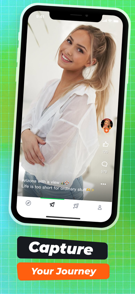 Fiber - Live Call, Meet Girl - A smartphone displaying a woman's travel journal entry on the Fiber social discovery app