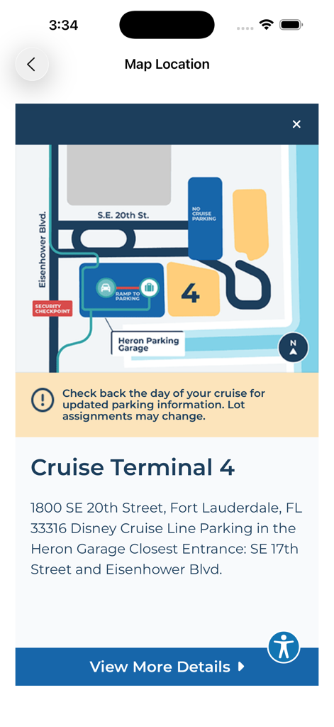 Map of Cruise Terminal 4 at Port Everglades showing parking locations and directions
