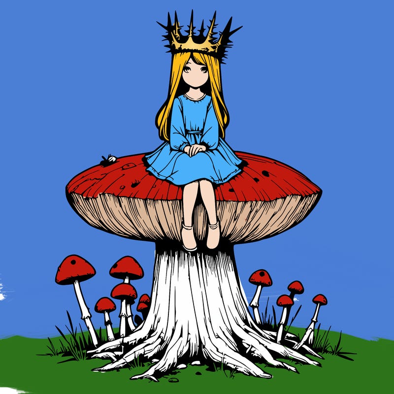 realistic girl sitting on a huge tree stump size toadstool with thorn crown