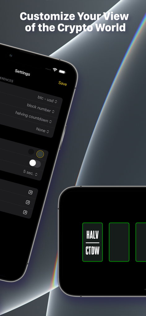 カスタマイズオプションとランドスケープモードの半減期カウントダウンビューを示すBitcoin Clockアプリの設定画面