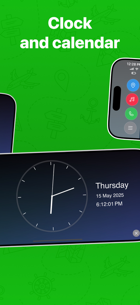 Car Play Connect app showing an analog clock and calendar date for drivers
