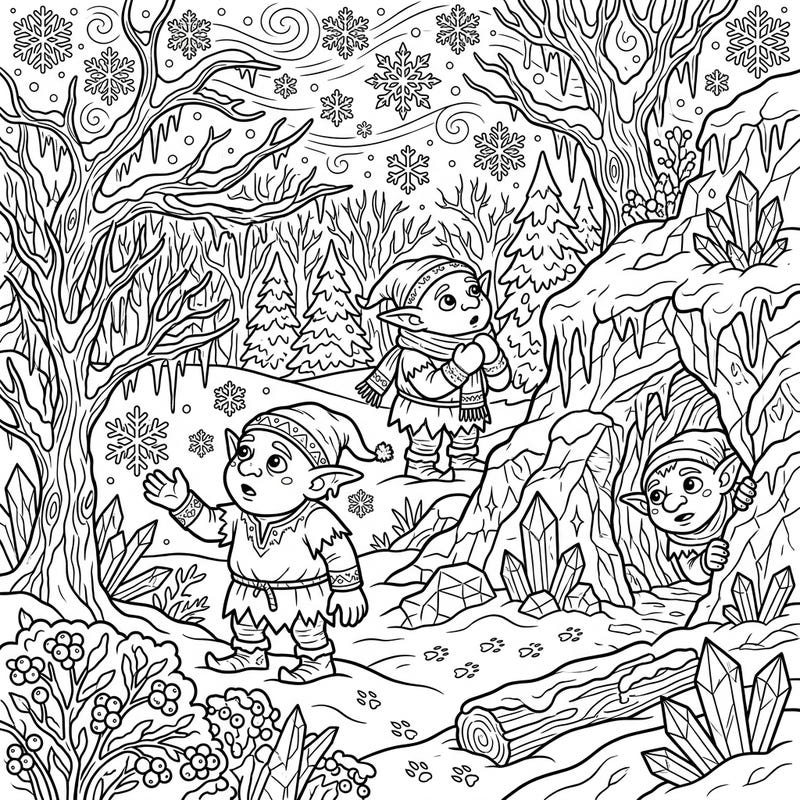 Explore a magical moment as curious cave goblins venture out into a breathtaking winter wonderland for the very first time. This enchanting coloring page invites you to bring their frosty adventure to life with your favorite colors.