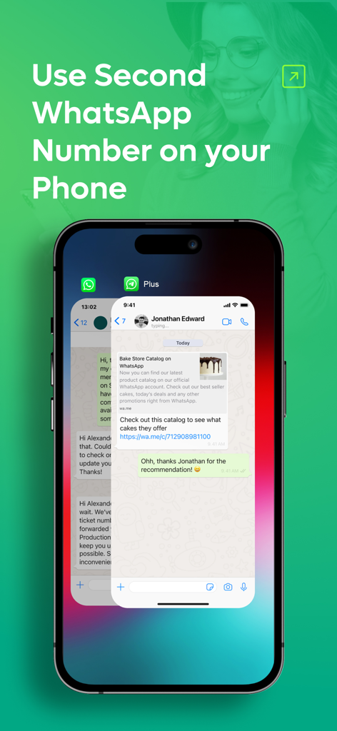 Plus: Dual Messenger for iPad - Un smartphone mostrando la interfaz de la aplicación Plus Dual Messenger con dos ventanas de chat de WhatsApp superpuestas