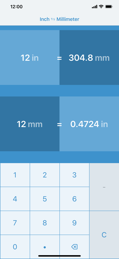 Interfaccia dell'app Pollici in Millimetri che mostra i risultati della conversione per 12 pollici in 304,8 millimetri e 12 millimetri in 0,4724 pollici con una tastiera numerica.