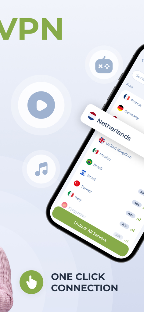 Planet Free VPN interface showing global server locations and one click connection button