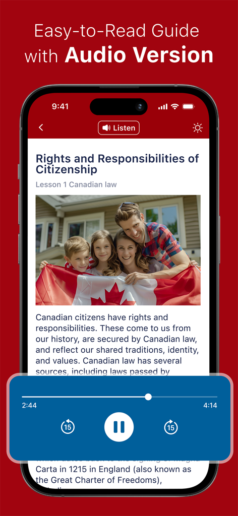 Pantalla de la aplicación móvil que muestra una lección de audio sobre los derechos y responsabilidades de la ciudadanía canadiense con una foto de una familia feliz sosteniendo una bandera canadiense.