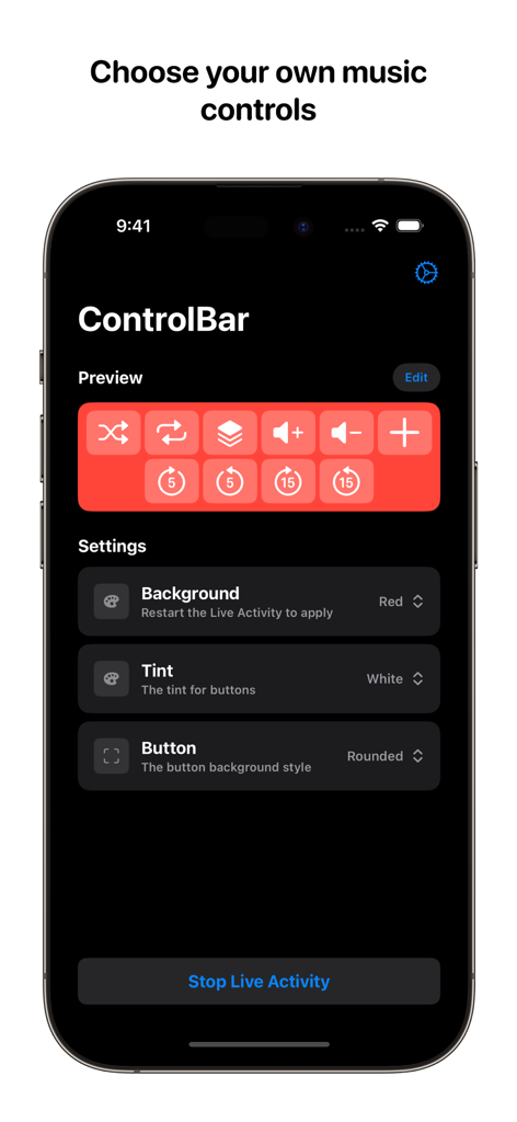 Interface of ControlBar app showing music control customization options and background settings on an iPhone