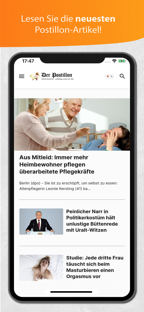 Mobile screen of The Postillon app showing satirical news headlines