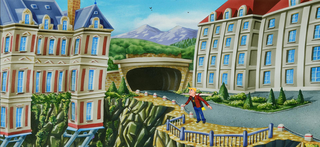 Polda 7 - Hand-drawn 2D scene from Polda 7 featuring detective Pankrac at a mountain resort with cliffside buildings