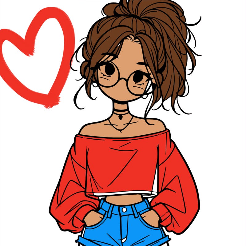 girl with a messy ponytail glasses a baggy crop top and jean shorts