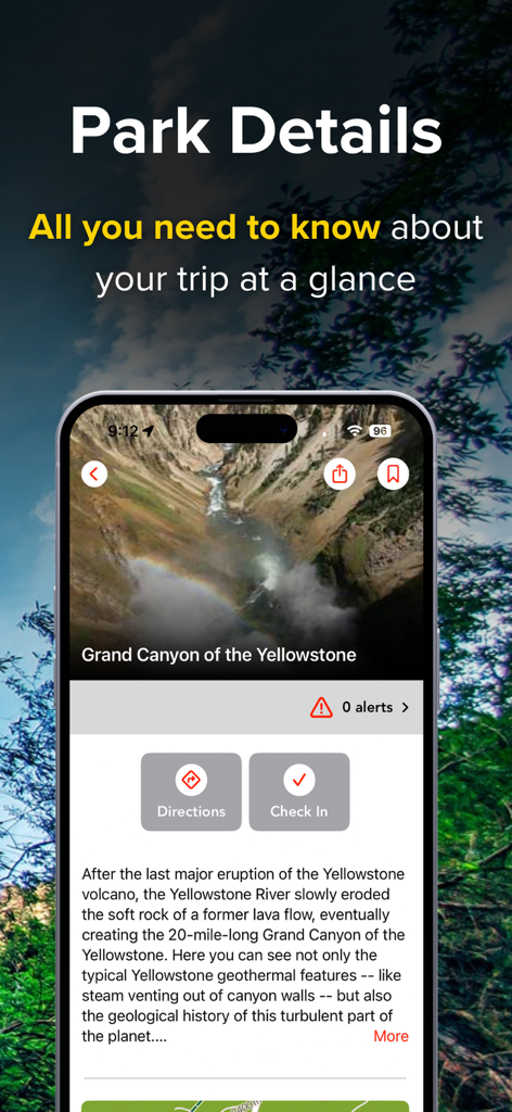 Chimani app screenshot showing park details for Grand Canyon of the Yellowstone