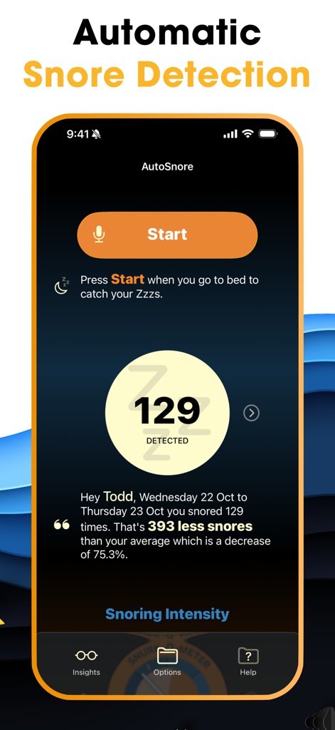 AutoSnore: Snoring Recorder - AutoSnore mobile app interface showing a summary of detected snores and a start recording button
