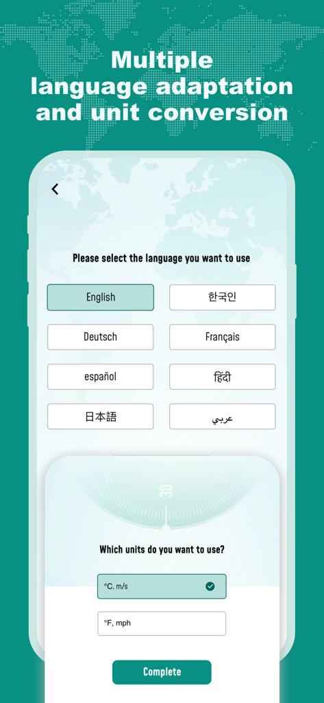 Schermata delle impostazioni della lingua e della conversione delle unità nell'app Hi Weather che mostra le opzioni per più lingue e unità di temperatura.