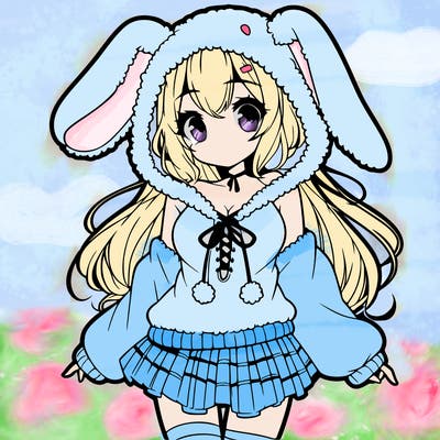 pretty anime girl wearing a fluffy hoodie with bunny ears on the hood and a skirt