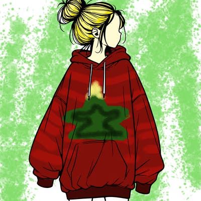 realistic girl with a oversized sweatshirt on and a bun