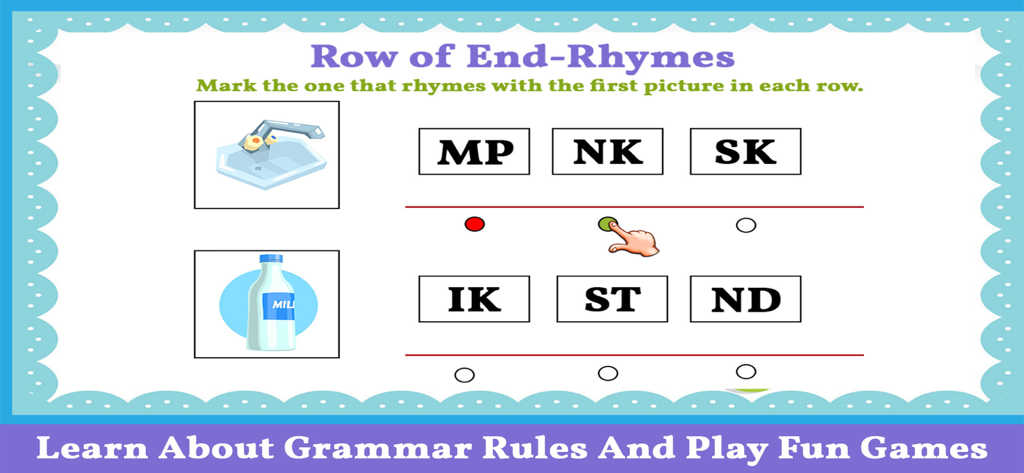 Jogo de rimas interativo do aplicativo Kids Grammar and Vocabulary mostrando correspondência de imagens para sons finais de palavras