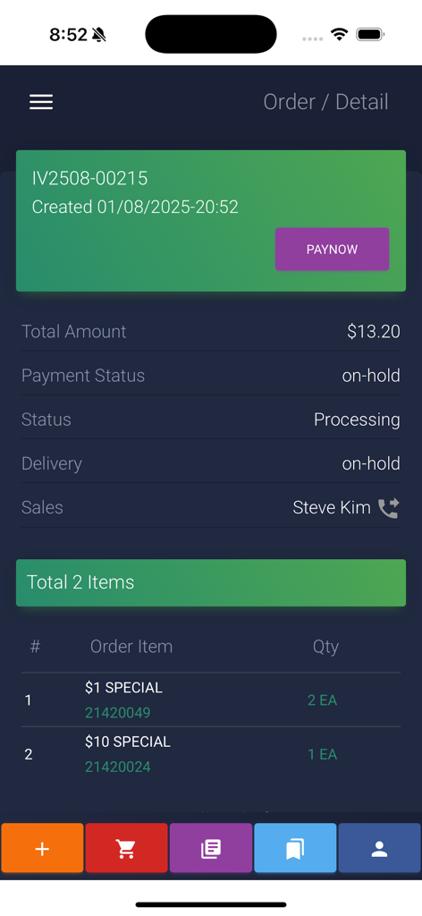 Qpack - Screenshot of the Qpack app showing the order details screen with a summary of items and total amount