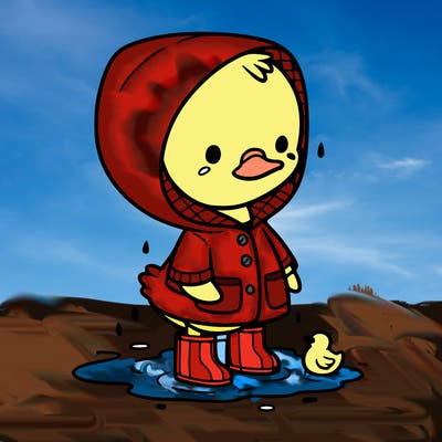 baby duck in a rain coat and boots, in a puddle while it’s raining