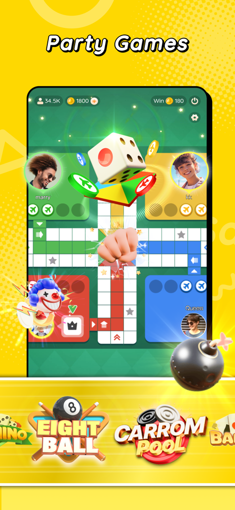 Saya - Games&Party&Chat - Mobile gameplay of a multiplayer Ludo match with social features in the Saya app.