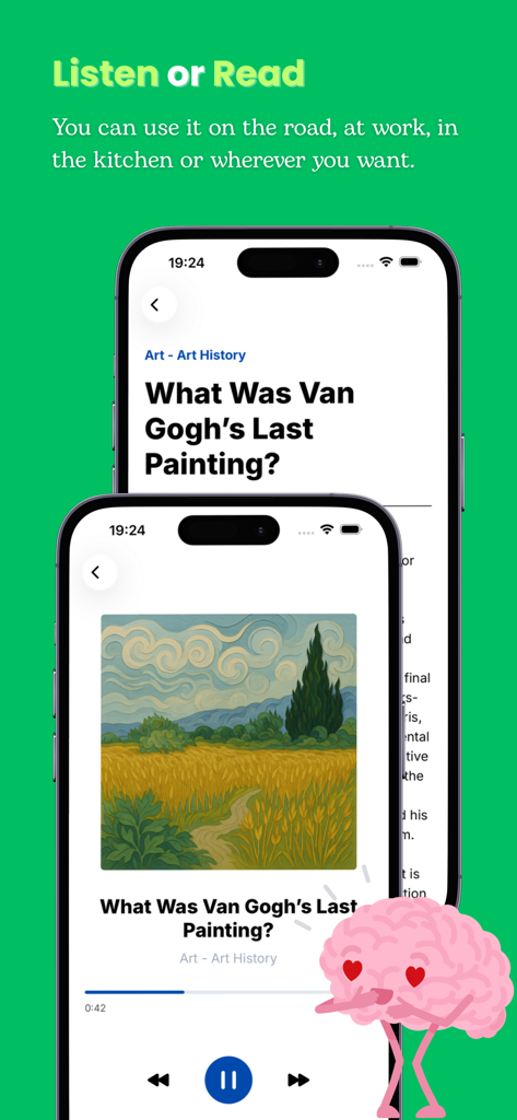 Interfaccia dell'app Curio che mostra l'opzione di leggere o ascoltare una lezione di micro-apprendimento sulla storia dell'arte di Van Gogh.