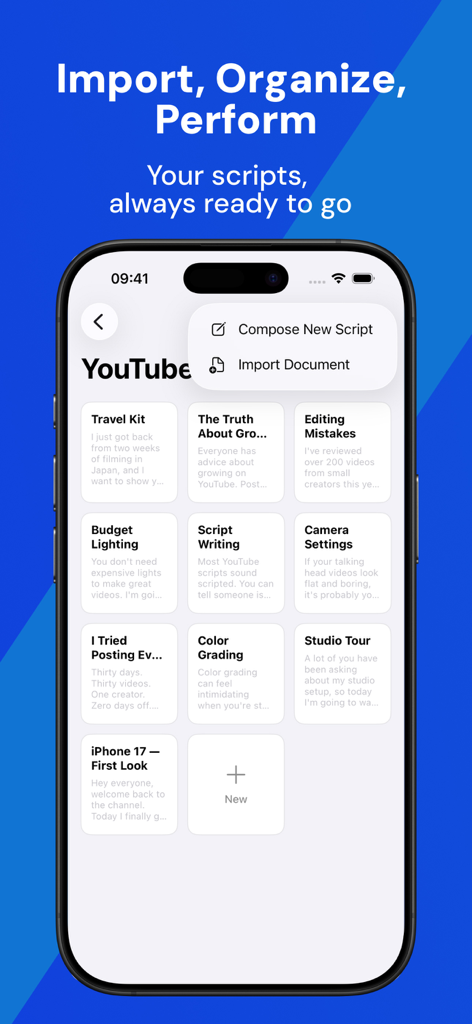 Teleprompter - Script Writing - Script organization screen in the PromptSync app showing a library of video scripts and import menu