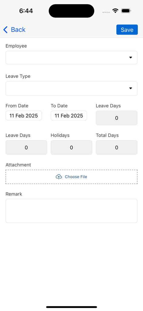 ECM MetricS mobile app leave request form interface