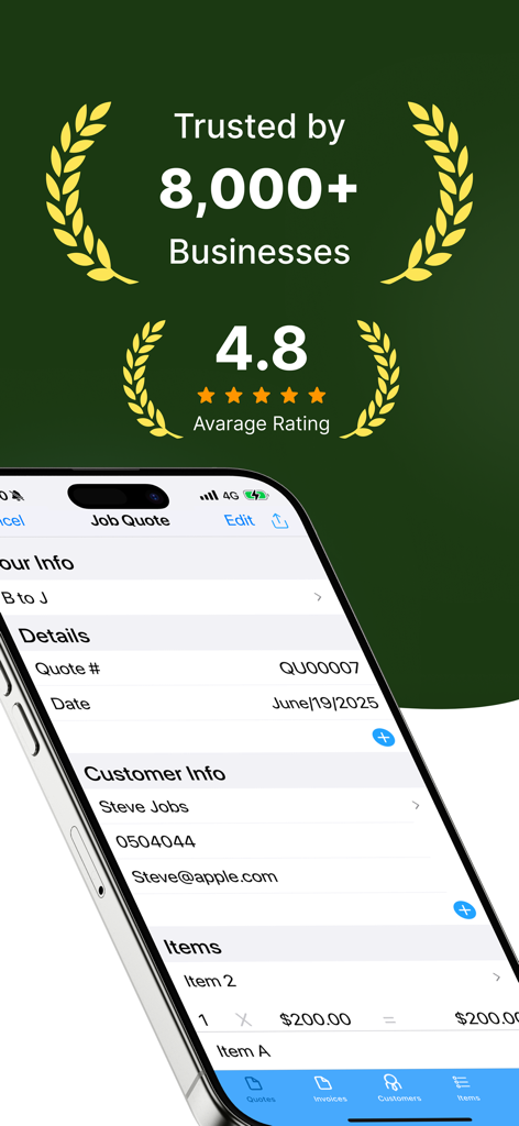 A smartphone screen displaying the Job Quote Maker app interface with its high user rating