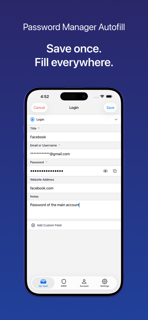 Password Manager by VMP - Una captura de pantalla de la aplicación VMP Password Manager que muestra un formulario de inicio de sesión para una cuenta de Facebook con campos para nombre de usuario y contraseña