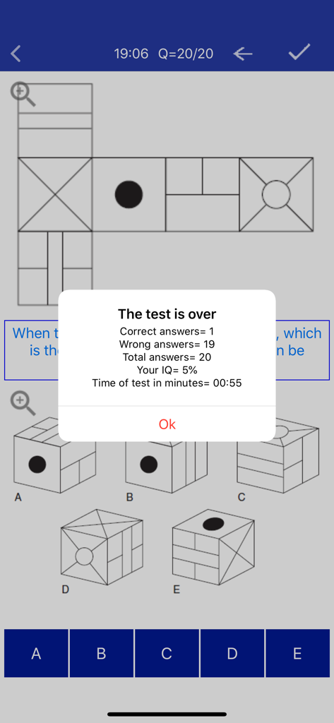 IQ Test & Training - A pop up window showing IQ test results and score summary on a spatial reasoning question.