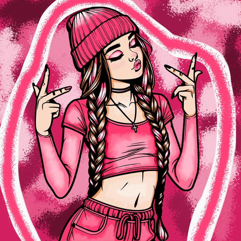 realistic teenage girl with braids and a beanie and crop top doing 🫶🏼