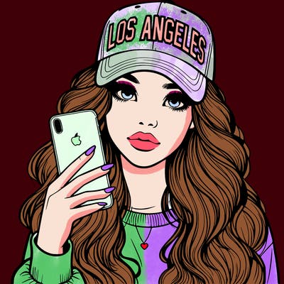 realistic beautiful girl wearing los ángeles cap holding an iphone
