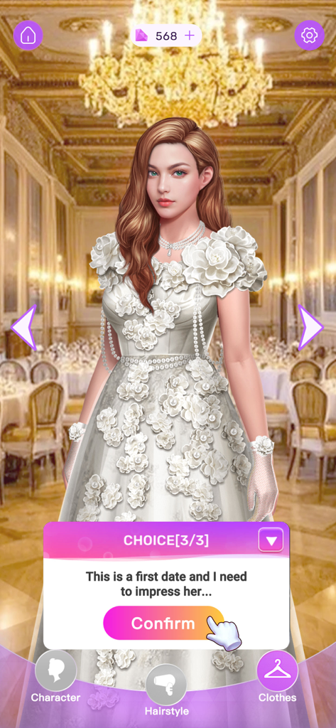 Un personaje femenino con un vestido floral blanco en un lujoso salón de baile dentro de la aplicación Scripts Episode and Choices.