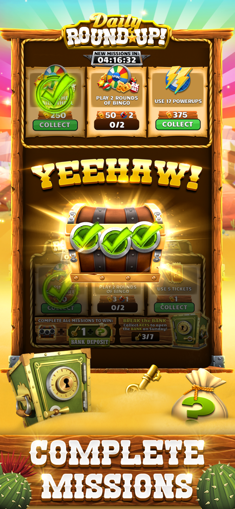 Pantalla de misiones diarias de Bingo Showdown que muestra un cofre de recompensas y el texto 'completar misiones'.