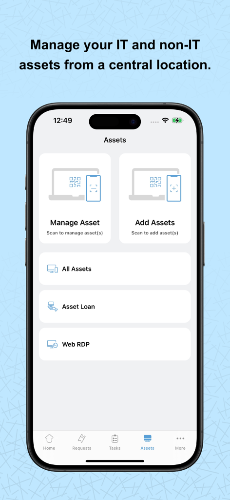 Mobile app interface for managing IT and non-IT assets with barcode scanning features.