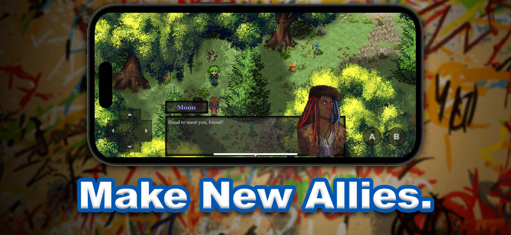 The Tribe Game - Un écran mobile montrant une interaction de personnage dans une forêt au sein de The Tribe Game avec la légende Nouez de nouveaux alliés.