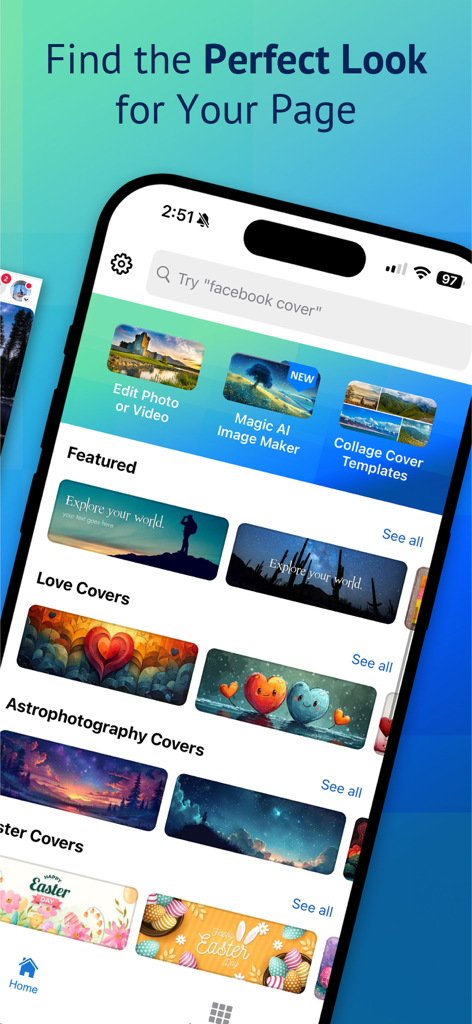 Cover Creator Pro, Cover Maker - Cover Creator Pro app interface showing social media cover templates and AI design tools