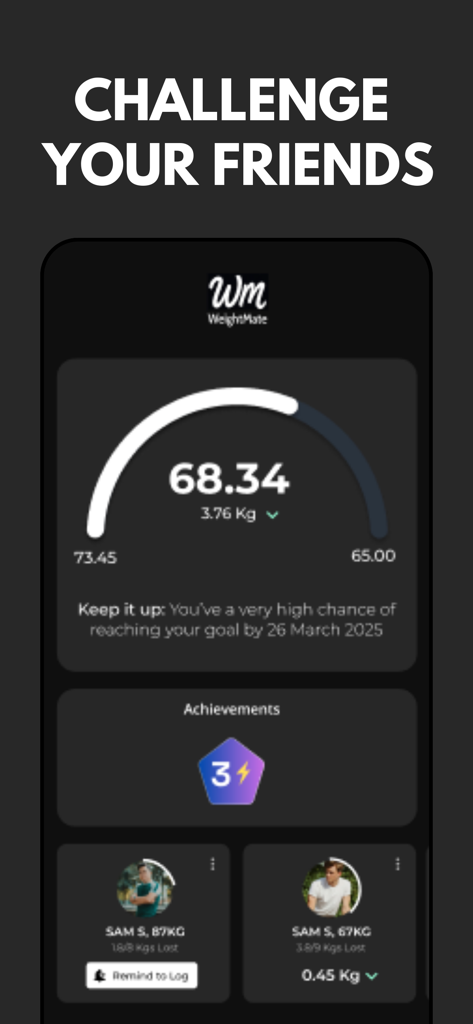 BMI Calculator - WeightMate - WeightMate app interface showing the challenge your friends feature with weight progress tracking and achievements.