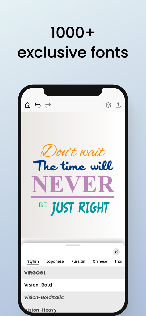 Logo Maker, Design Creator. - Mobile app interface showing a typography design with various font styles and a font selection menu